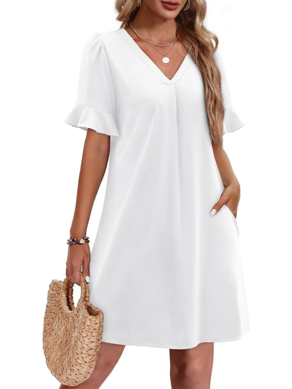Women's White Ruffle Short Sleeve Neck Casual with Pockets Shift Mini Dress